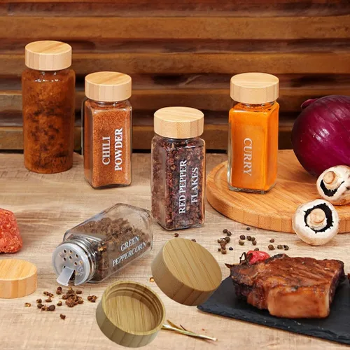 Vista 4 de 16 tapas de bambú para frascos de especias, se adaptan a recipientes cuadrados, tapas de sellado de botellas de condimento que se ajustan solo a 4