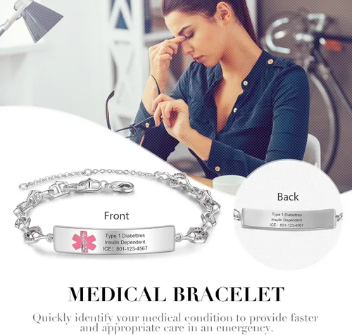 Vista 5 de Pulseras de identificación médica personalizadas de acero inoxidable para mujeres