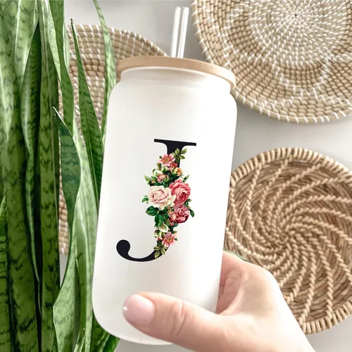 Vista 3 de Vasos de vidrio personalizados con tapas y pajitas, regalos con monograma para mujeres, vaso personalizado, bonita taza personalizada, cosas
