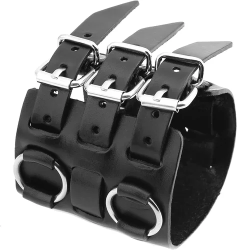 Vista 3 de HZMAN Anillo de aleación para hombre, pulsera de cuero genuino, tono plateado, ajustable