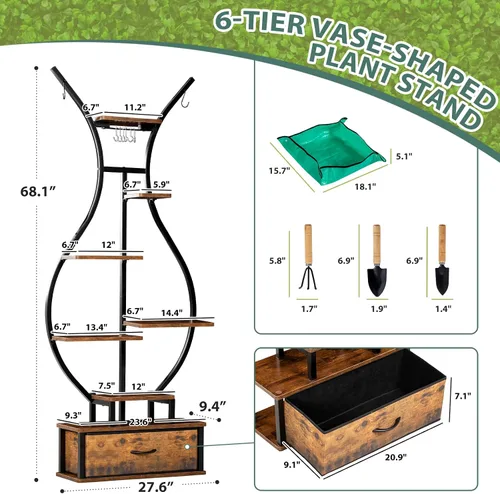 Vista 3 de Soporte para plantas de interior de 7 niveles con ganchos y cajón para colgar, soporte de esquina en forma de jarrón de 68.1 pulgadas de alto