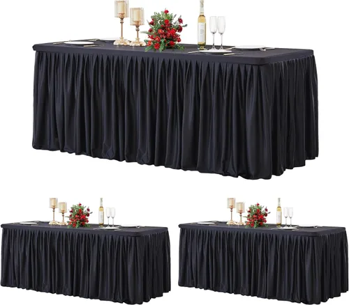 Vista 25 de Manteles de poliéster negro para mesas rectangulares de 4 pies, cubierta de mesa ajustada sin arrugas con falda de mesa plisada con volantes