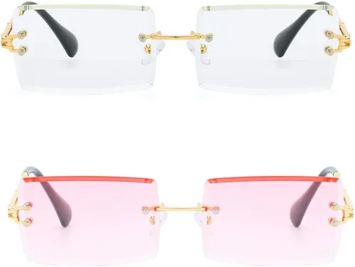 Vista 4 de LASPOR Lentes de sol rectangulares sin montura retro para mujeres y hombres, lentes teñidas, metal dorado, sin marco, gafas cuadradas vintage