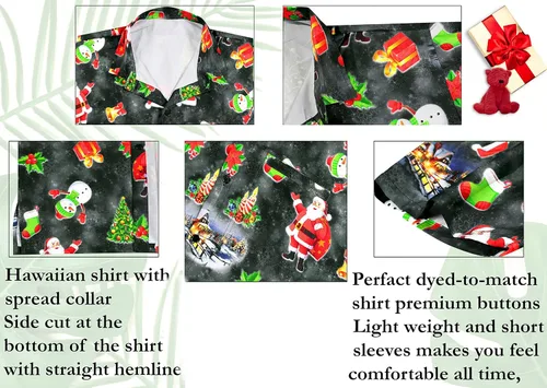 Vista 5 de LA LEELA Camisa de vestir de manga corta para hombre, diseño de Papá Noel, para vacaciones, hawaiano, de Navidad, para hombre