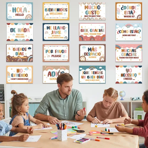 Vista 5 de gisgfim Juego de 16 pósteres de palabras y frases en español, tablero de anuncios, estudio y decoración de aula (Boho)
