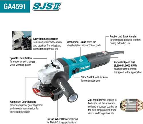 Vista 2 de Makita GA4591 Amoladora angular de alta potencia SJSII de 4-1/2" con freno