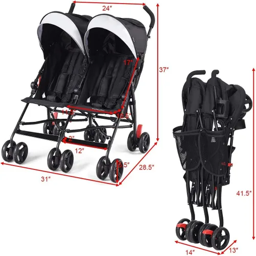 Vista 7 de HOMGX - Cochecito doble, diseño plegable de viaje, ligero, con arnés de 5 puntos y soporte para tazas, toldo para bebé, niños pequeños (negro), 18