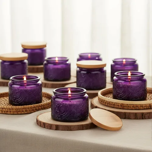 Vista 13 de Paquete de 18 recipientes de vela de vidrio en relieve de 4 onzas con tapas y etiquetas de bambú, tarros de vela azules para hacer velas, diseño