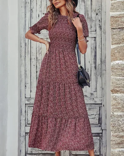 Vista 164 de BTFBM Vestidos para mujer, cuello redondo, casual, de verano, con volantes, manga corta, bohemio, con niveles, fruncido, largo, con estampado floral