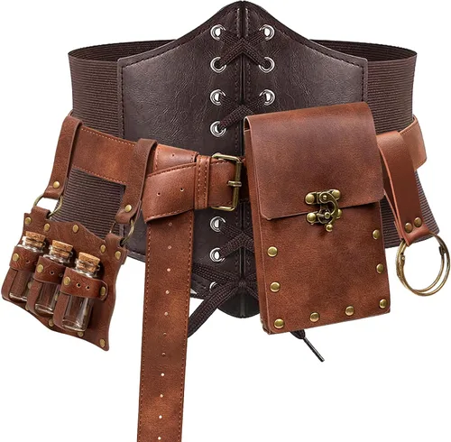 Vista 11 de SUMGOGO 5 piezas Cinturón de corsé Renacentista, cinturón medieval, bolsa de cinturón renacentista, botella de corcho de poción, accesorio de Negro