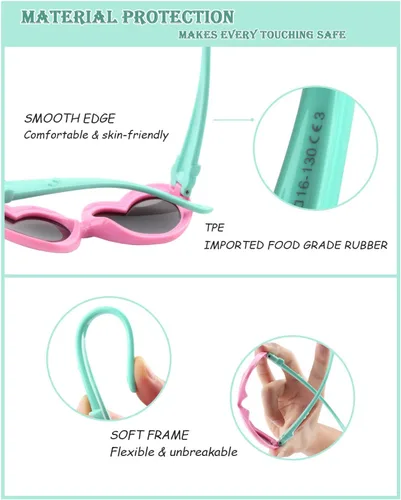 Vista 4 de CGID Soft Rubber Kids Cute Heart Polarized Sunglasses UV400 for Children Age 3-10, K78