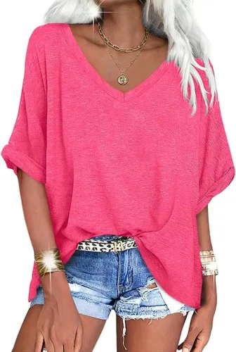 Vista 20 de UNCLECAT Camisetas de gran tamaño con cuello en V para mujer, camisas de manga corta de verano, holgadas, casuales