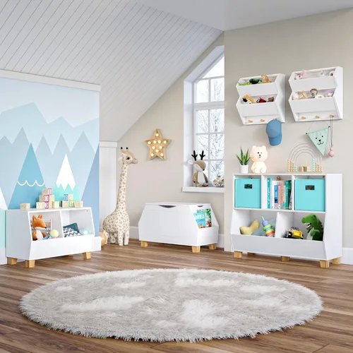 Vista 3 de RiverRidge Caja de juguetes de colección Catch-All para niños con estantes laterales para libros, organizador de almacenamiento de juguetes seguro