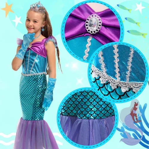 Vista 3 de Krarici Disfraz de sirena pequeña para niñas vestido de fiesta de princesa para fiesta con guantes accesorios de corona maza 3-10 años