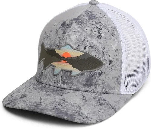 Vista 2 de Paramount Outdoors Sombrero de pesca de trucha al atardecer, diseño de silueta de pez de montaña, sombrero para exteriores con cómodo Snapback