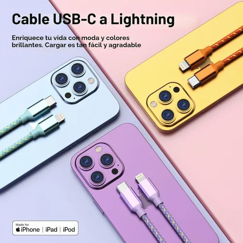 Vista 2 de Cable USB C a Lightning para cargador de iPhone certificado MFi de Apple, paquete de 3 cables de carga rápida de 1.8 metros, tipo C a Lightning