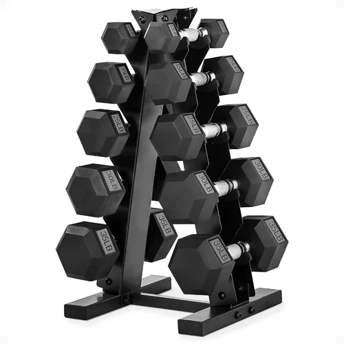 Vista 10 de HolaHatha Hexagonal Dumbbell Free Hand Weight Set w/Rack Negro