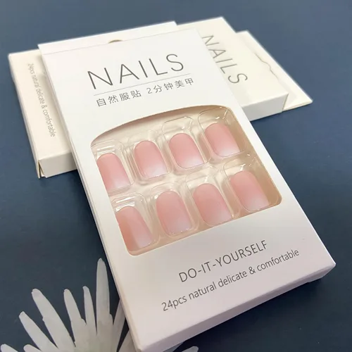 Vista 5 de Kit de uñas postizas cuadradas cortas y degradadas, color rosa, brillantes, reutilizables, con pegamento, de ajuste natural, uñas acrílicas
