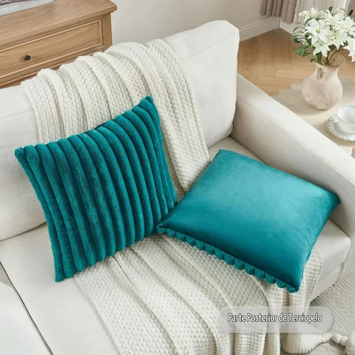 Vista 4 de FUTEI Pack of 2 Faux Fur Throw Pillow Covers 18x18 Inch, Teal Verde azulado