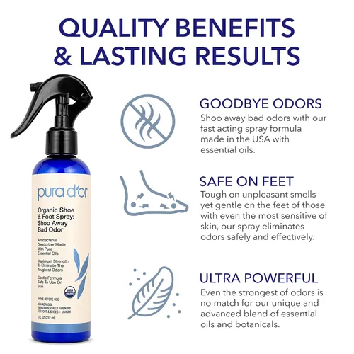 Vista 5 de PURA D'OR Spray orgánico eliminador de olores para zapatos y pies (8 onzas) desodoriza y elimina los malos olores con eucalipto, menta, árbol de té