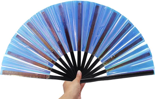 Vista 3 de Gionforsy 1 ventilador plegable rave para mujer, ventilador de mano grande de bambú con tela de color brillante para festival