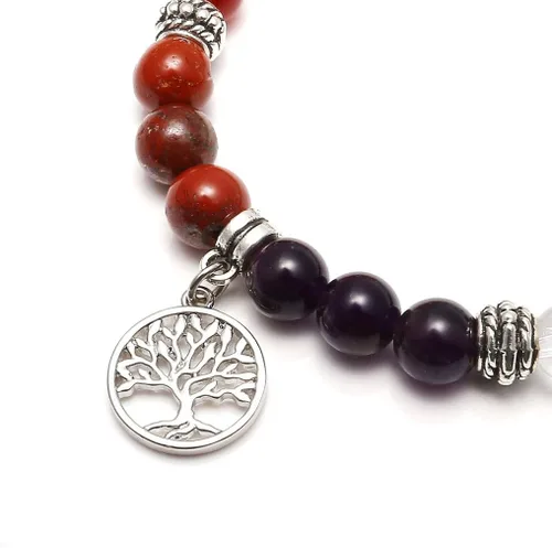 Vista 2 de JOVIV brazalete elástico de las 7 chakras con piedras preciosas y piedra de lava para balance de meditación y sanación yoga. cuenta de piedras