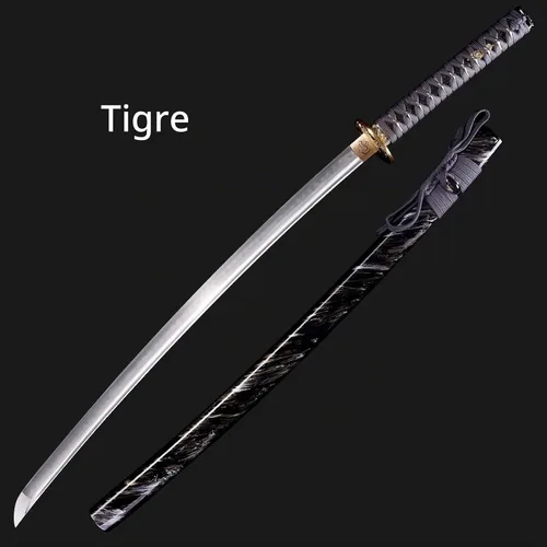 Vista 2 de Espada Katana Hecha a Mano, Espada Samurai Japonesa de Acero al Carbono T10, Templada en Arcilla, Espiga Completa, 40.5 Pulgadas/103 cm
