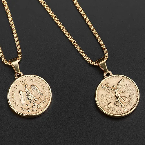 Vista 4 de Moneda mexicana Centenario Mexicano Moneda 50 Pesos Colgante Collar, 18K Colgante Collar Hombres Moneda Joyería