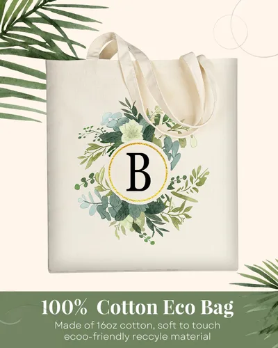 Vista 4 de AUSVKAI Bolsa de lona para mujer, bonita bolsa de algodón con iniciales estéticas, de algodón, reutilizable, personalizada, bolsas de cumpleaños