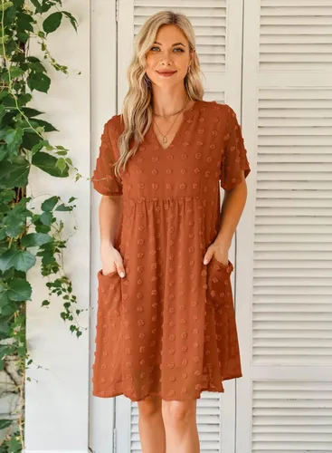 Vista 3 de MIHOLL - Mini vestido de verano, holgado, mangas cortas con volantes y cuello en V para mujer