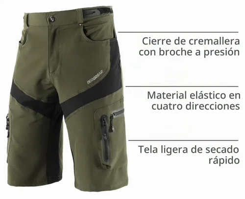 Vista 4 de BERGRISAR Pantalones cortos de ciclismo para hombre, corte holgado, con 6 bolsillos Verde militar
