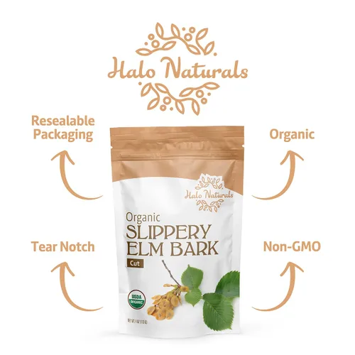 Vista 6 de Halo Naturals Corte orgánico de corteza de olmo resbaladizo, 4 onzas (Ulmus rubra) certificado por USDA, bolsa resellable, empaquetado