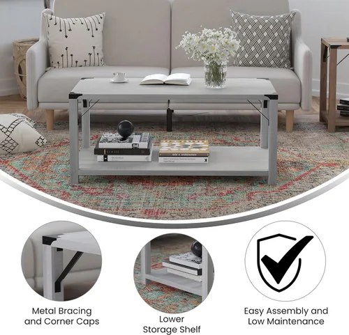 Vista 5 de BizChair Modern Farmhouse - Mesa auxiliar de 2 niveles, marco de madera de ingeniería gris Aspen, soportes laterales entrecruzados de metal negro