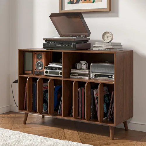 Vista 2 de Oubayajia Soporte grande para tocadiscos, soporte de almacenamiento de discos de vinilo, mesa para tocadiscos con toma de corriente, soporte