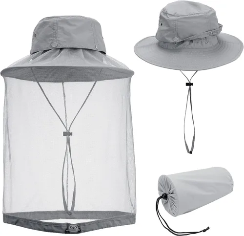 Vista 7 de Yoption Head Net Hat, Sun Hat Bucket Hat with Hidden Net Mesh for Men Women Outdoors Beekeeping Fishing Hiking Verde Armada (ArmyGreen)