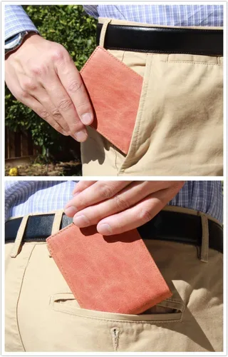 Vista 6 de KALMOR Cartera de bolsillo plegable de cuero para hombre con bloqueo RFID extra delgada con ventana de identificación