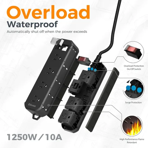 Vista 6 de Regleta de alimentación para exteriores resistente a la intemperie, cable de extensión de 25 pies, protector de sobretensiones impermeable Diivoo