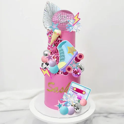 Vista 6 de 40 adornos para tartas de patinaje de los años 80 y 90, decoración retro de cumpleaños de niña con mini bolas para patinaje, suministros de fiesta