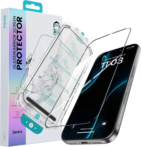 Vista 8 de BENKS GlassWarrior - Protector de pantalla de zafiro para iPhone 17 Pro de 6.3 pulgadas, vidrio templado curvado 3D de cobertura completa, claridad