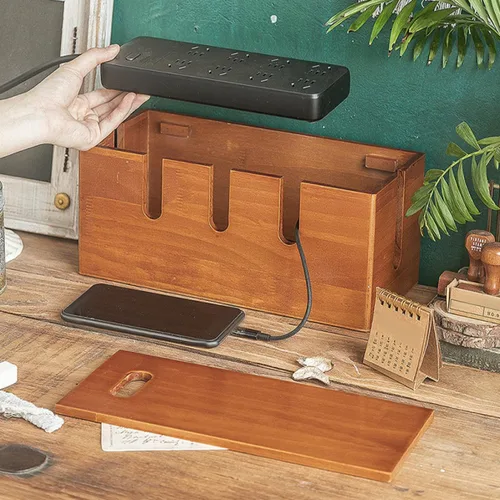 Vista 9 de Wooden Cable Organizer Box with Router Cover and Charger Cord Organizer for Desk Power Strip Management, Natural Wood Cord Management for Home
