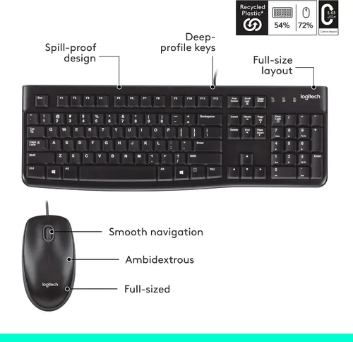 Vista 7 de Logitech MK120 – Combo de teclado y ratón con cable para Windows, ratón óptico con cable, tamaño completo, USB, compatible con PC, portátil - Negro