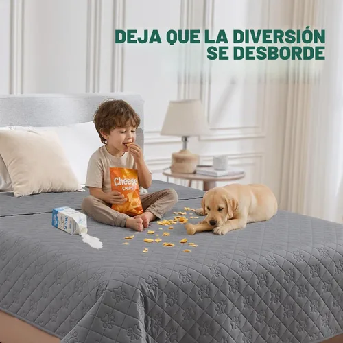 Vista 7 de Funda impermeable de 4 plazas para perros, manta acolchada con estampado de patas para sofá y cama de 4 cojines, resistente al pelo de mascotas Gris