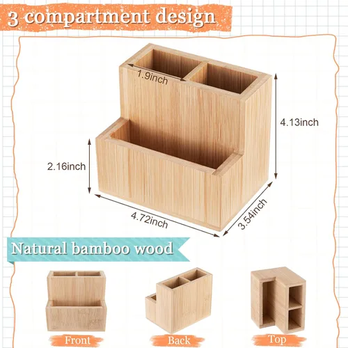 Vista 2 de Maitys Soporte para bolígrafo de madera de bambú para escritorio, organizador de control remoto con 3 compartimentos, accesorios de escritorio