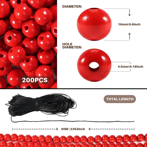 Vista 2 de 200 cuentas de madera de Navidad de 0.63 pulgadas para manualidades con cuerda de cáñamo de 3.9 pies, cuentas sueltas redondas de madera roja
