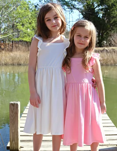 Vista 8 de Arshiner Vestidos de verano para niñas, cuello cuadrado, manga con volantes, lazo en la espalda, acampanado, casual, vestido midi con bolsillos