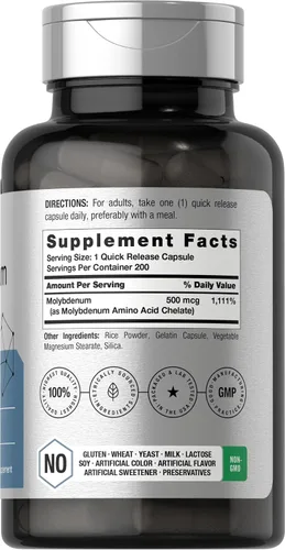 Vista 2 de Horbaach Molibdeno Suplemento 500mcg 200 Cápsulas Quelato de aminoácidos Sin OMG, sin gluten