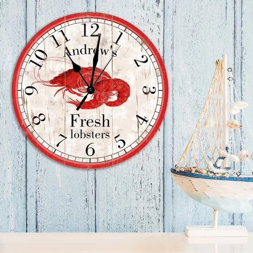 Vista 4 de Reloj de madera personalizado con langostas rojas y frescas, relojes de madera de cuarzo de calidad, funciona con pilas, relojes de pared de 12
