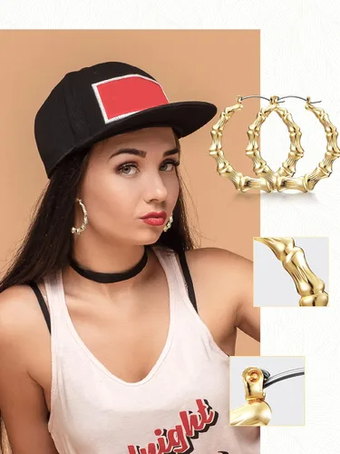 Vista 4 de Aretes de aro grandes de bambú para mujer, aretes de bambú de gran tamaño para uso diario, accesorios de rapero de los años 80 y 90