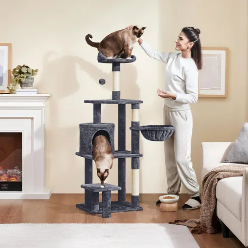Vista 2 de Yaheetech Torre de árbol para gatos de varios niveles de 57 pulgadas con plataforma extendida, percha acolchada, postes rascadores y bola — centro