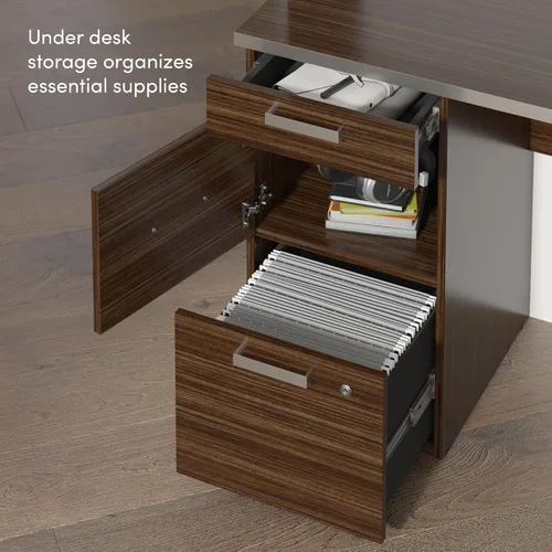 Vista 5 de Bestar Ridgeley - Escritorio ejecutivo en forma de U con pedestal y gabinete, 65 W, chocolate oscuro